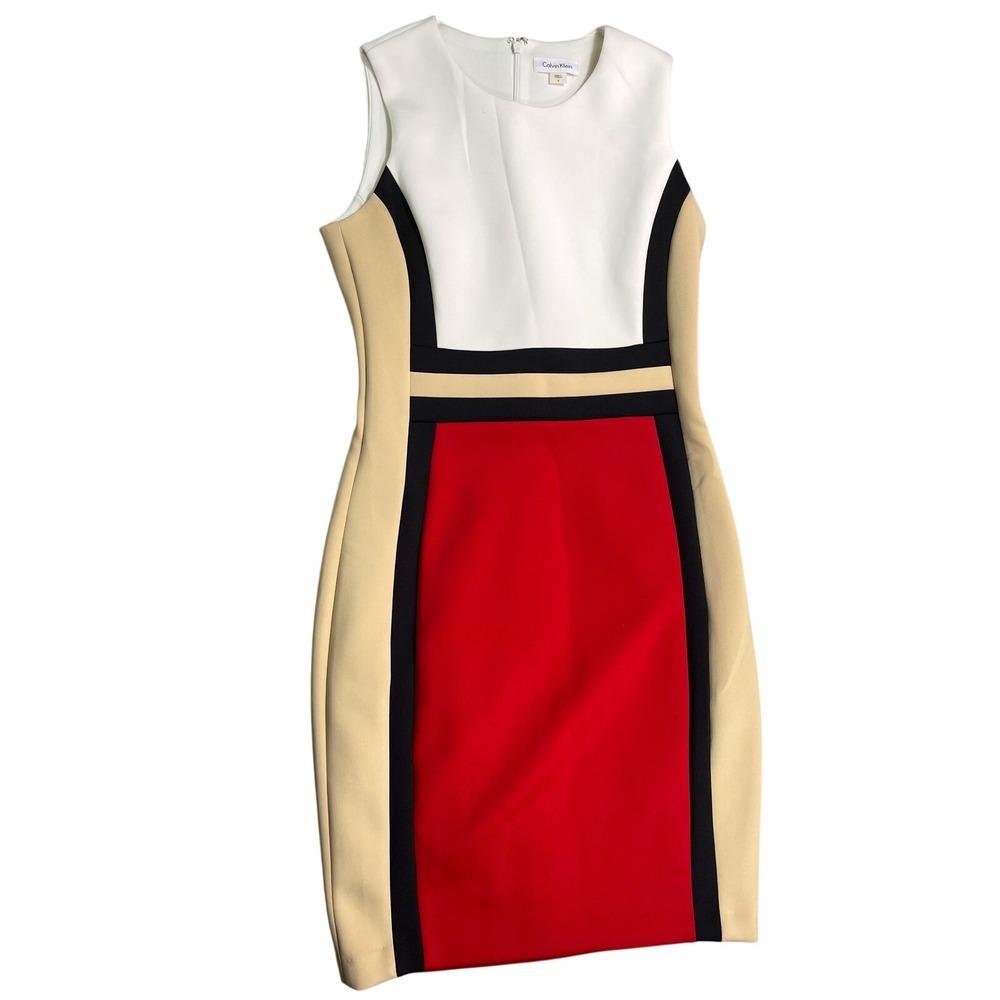 Calvin Klein Colorblock Sheath Dress Size 6‎ Red White Black Career Midi